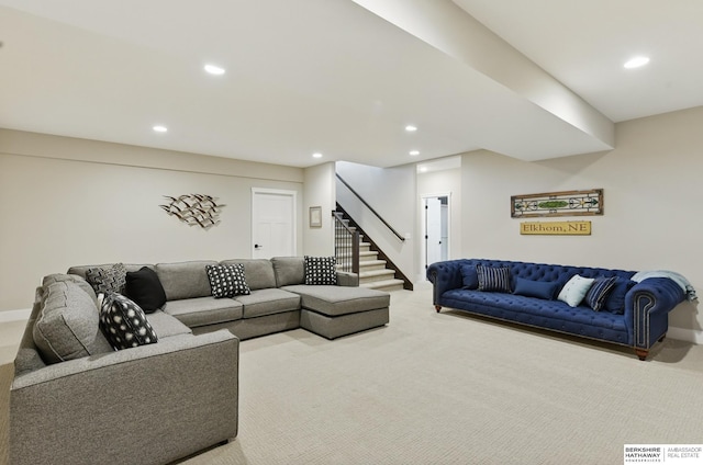 4803 N 192nd Ave, Elkhorn, NE 68022 - carpeted living room featuring recessed lighting and stairs