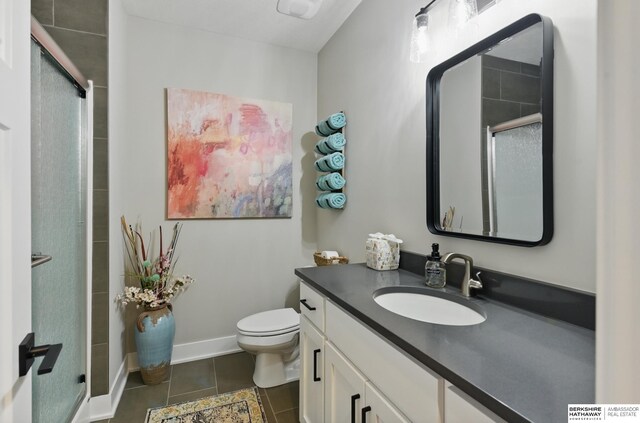 4803 N 192nd Ave, Elkhorn, NE 68022 - full bathroom with a stall shower, tile patterned flooring, toilet, vanity, and baseboards
