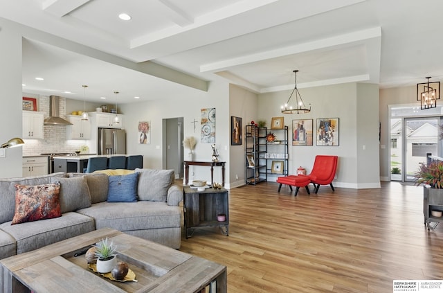 4803 N 192nd Ave, Elkhorn, NE 68022 - living area featuring a chandelier, light wood-type flooring, baseboards, beamed ceiling, and recessed lighting