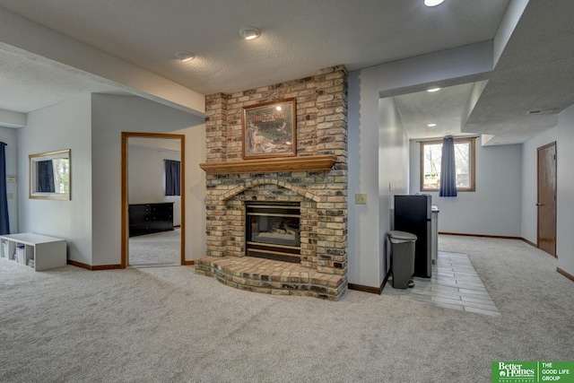 10032 Kings Dr, Omaha, NE 68142 - unfurnished living room featuring carpet flooring, a textured ceiling, a fireplace, baseboards, and recessed lighting