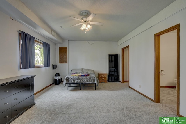 10032 Kings Dr, Omaha, NE 68142 - bedroom featuring carpet floors, baseboards, ceiling fan, and ensuite bathroom