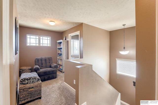 8902 N 161st Ave, Bennington, NE 68007 - living area featuring an upstairs landing, carpet, a textured ceiling, and baseboards