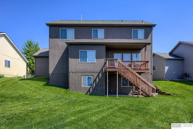 8902 N 161st Ave, Bennington, NE 68007 - rear view of house featuring stairs, a wooden deck, a lawn, and a shingled roof