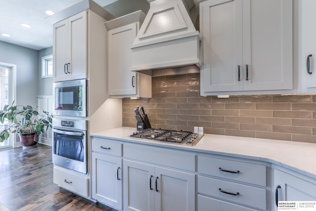 kitchen featuring stainless steel appliances, premium range hood, dark wood finished floors, decorative backsplash, and recessed lighting