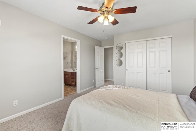 8917 N 157th St, Bennington, NE 68007 - carpeted bedroom featuring baseboards, a closet, ensuite bathroom, and a ceiling fan