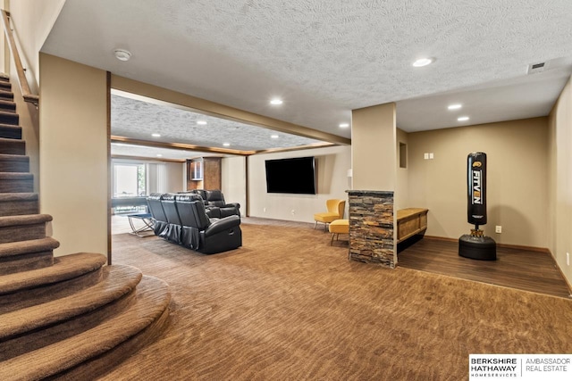 8917 N 157th St, Bennington, NE 68007 - living area featuring carpet floors, recessed lighting, baseboards, stairs, and a textured ceiling