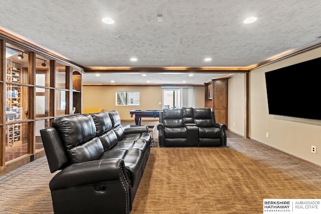 8917 N 157th St, Bennington, NE 68007 - home theater room with carpet floors, recessed lighting, a textured ceiling, billiards table, and baseboards