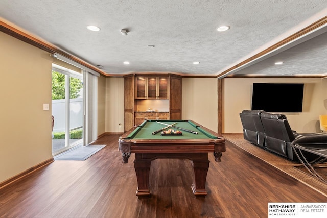 8917 N 157th St, Bennington, NE 68007 - recreation room with dark wood-style flooring, billiards, recessed lighting, a textured ceiling, and baseboards
