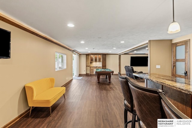 8917 N 157th St, Bennington, NE 68007 - rec room with billiards table, recessed lighting, baseboards, dark wood-type flooring, and ornamental molding