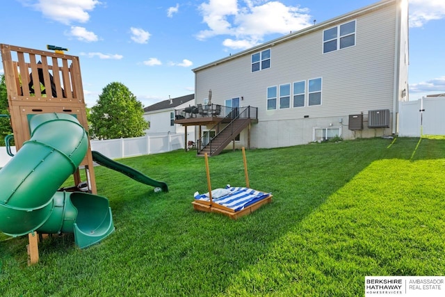 8917 N 157th St, Bennington, NE 68007 - view of jungle gym featuring stairway, a wooden deck, and cooling unit