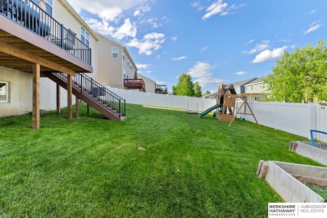 8917 N 157th St, Bennington, NE 68007 - view of yard with a playground, a garden, stairway, and a deck