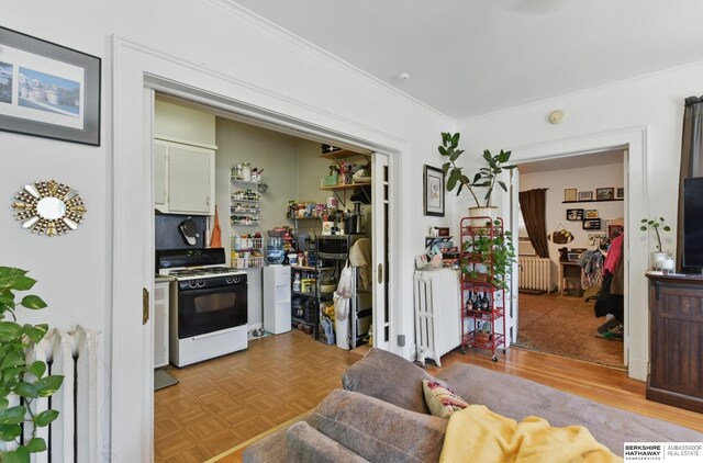 401 S 38th Ave, Omaha, NE 68131 - kitchen featuring gas range, radiator heating unit, ornamental molding, and parquet floors