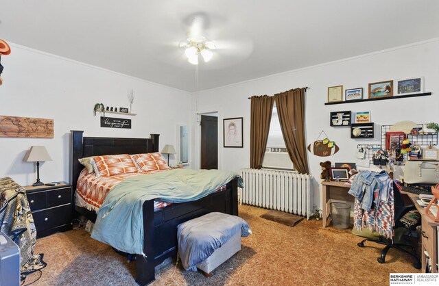 401 S 38th Ave, Omaha, NE 68131 - bedroom featuring radiator, carpet, crown molding, and ceiling fan