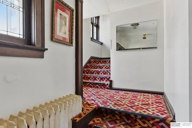 401 S 38th Ave, Omaha, NE 68131 - stairway featuring radiator heating unit and carpet floors