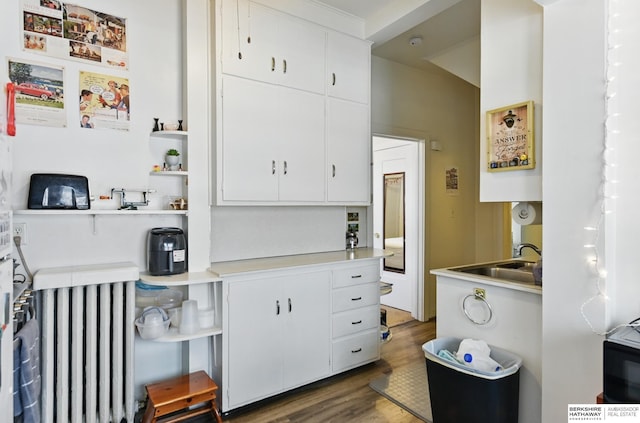 401 S 38th Ave, Omaha, NE 68131 - kitchen featuring radiator heating unit, open shelves, dark wood-style floors, a sink, and white cabinetry