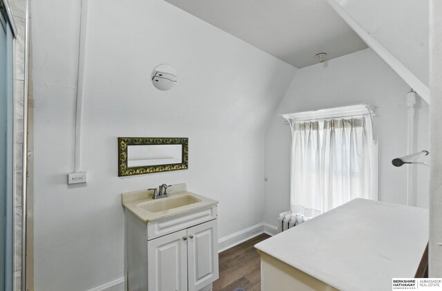401 S 38th Ave, Omaha, NE 68131 - bathroom with a sink, baseboards, wood finished floors, lofted ceiling, and radiator