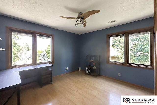 interior space featuring light wood-type flooring, healthy amount of natural light, a textured ceiling, and a ceiling fan