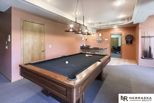 game room with carpet flooring, billiards, and baseboards