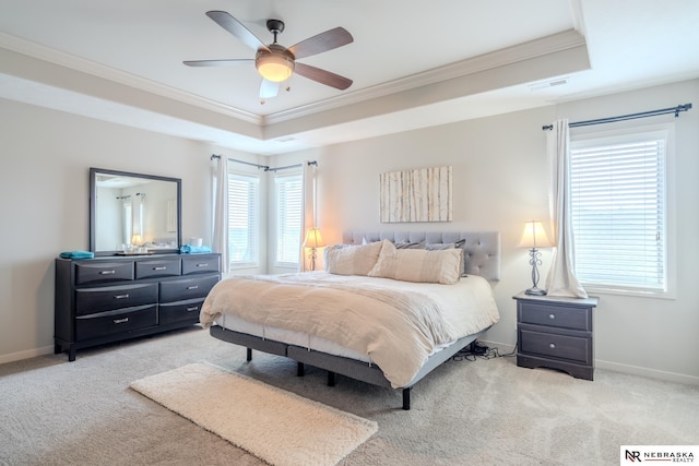 6707 S 209th St, Omaha, NE 68022 - bedroom with a raised ceiling, ornamental molding, light colored carpet, baseboards, and ceiling fan