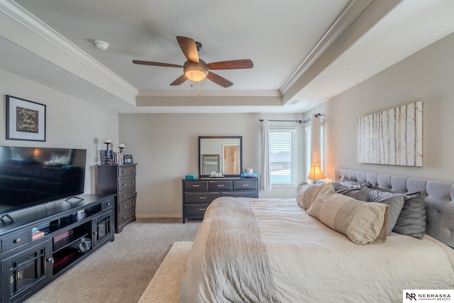 6707 S 209th St, Omaha, NE 68022 - bedroom featuring a tray ceiling, crown molding, carpet, baseboards, and ceiling fan