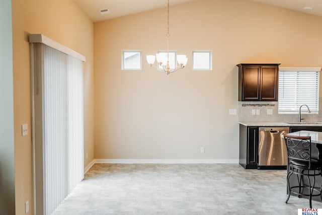 7202 N 167th Ave, Bennington, NE 68007 - kitchen featuring stainless steel dishwasher, a sink, lofted ceiling, a chandelier, and healthy amount of natural light