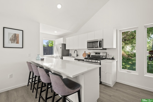 kitchen featuring stainless steel appliances, a kitchen bar, white cabinetry, plenty of natural light, and high vaulted ceiling