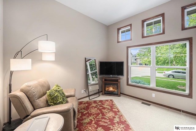2705 N 189th St, Omaha, NE 68022 - carpeted living room with baseboards, a glass covered fireplace, and high vaulted ceiling