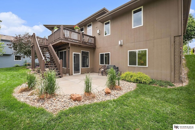 2705 N 189th St, Omaha, NE 68022 - back of property featuring a wooden deck, a lawn, a patio, and stairs