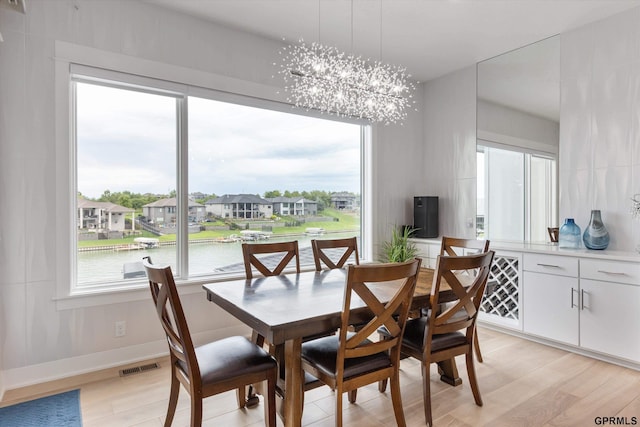 12604 N 178th Cir, Bennington, NE 68007 - dining area featuring light wood-type flooring, a chandelier, a water view, and a residential view
