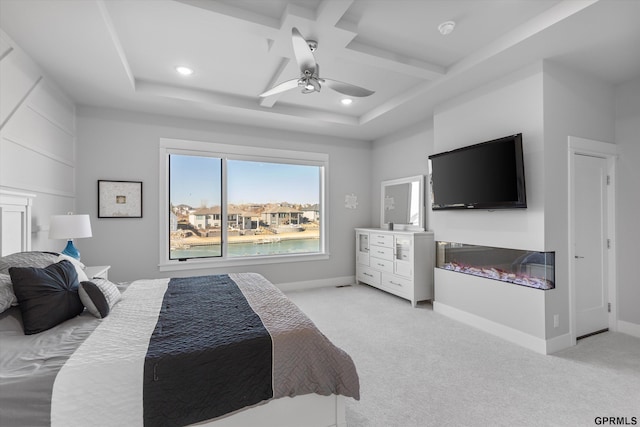 12604 N 178th Cir, Bennington, NE 68007 - bedroom featuring a glass covered fireplace, coffered ceiling, light colored carpet, recessed lighting, and a ceiling fan
