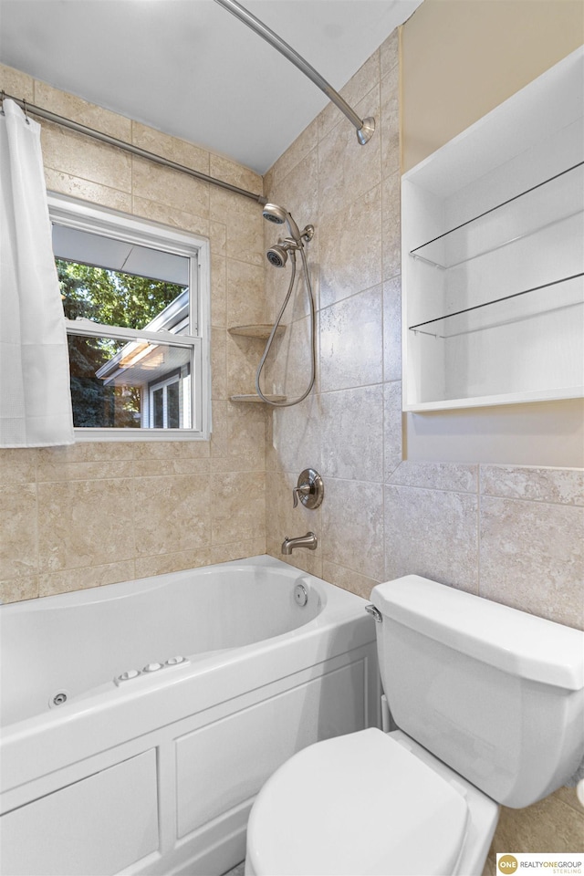 14618 Holmes St, Omaha, NE 68137 - bathroom with tile walls, toilet, and  shower combination