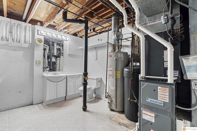 14618 Holmes St, Omaha, NE 68137 - unfinished below grade area with gas water heater, heating unit, and a sink