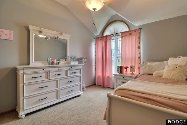 19523 Binney Cir, Elkhorn, NE 68022 - bedroom featuring vaulted ceiling, light carpet, baseboards, and ceiling fan