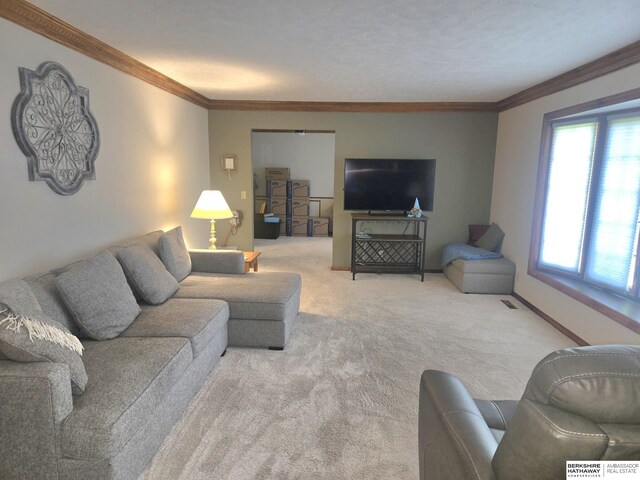 1924 W 8th Ave, Plattsmouth, NE 68048 - living room featuring light carpet, plenty of natural light, and crown molding