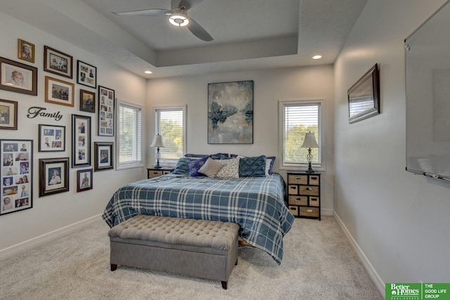 bedroom featuring carpet flooring, multiple windows, recessed lighting, baseboards, and ceiling fan