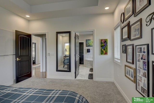 bedroom featuring multiple windows, baseboards, recessed lighting, and carpet flooring