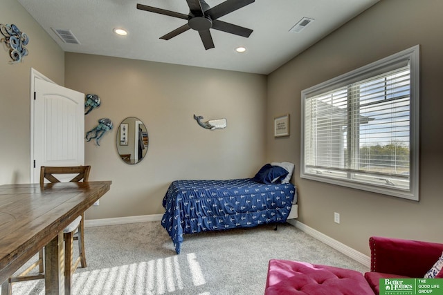 carpeted bedroom featuring recessed lighting, baseboards, and a ceiling fan