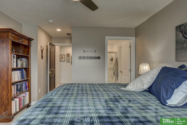 bedroom featuring ensuite bathroom, recessed lighting, and ceiling fan
