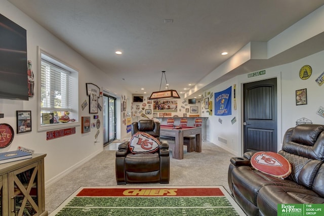 living area featuring pool table, carpet floors, recessed lighting, and baseboards