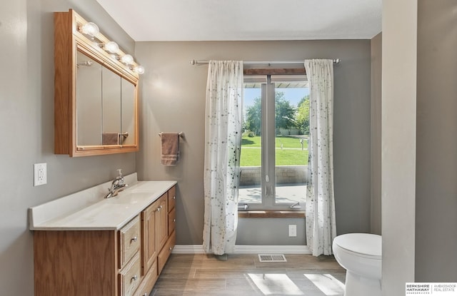 17819 Nicholas Rd, Plattsmouth, NE 68048 - bathroom with vanity, toilet, wood finished floors, and baseboards