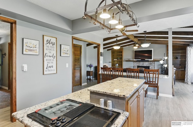 17819 Nicholas Rd, Plattsmouth, NE 68048 - kitchen featuring black electric cooktop, light wood-style floors, light stone countertops, and a fireplace