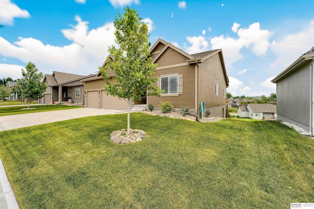 single story home featuring driveway, an attached garage, and a front yard