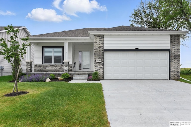 10280 S 209th St, Gretna, NE 68028 - view of front of property featuring driveway, a garage, a front yard, and a shingled roof