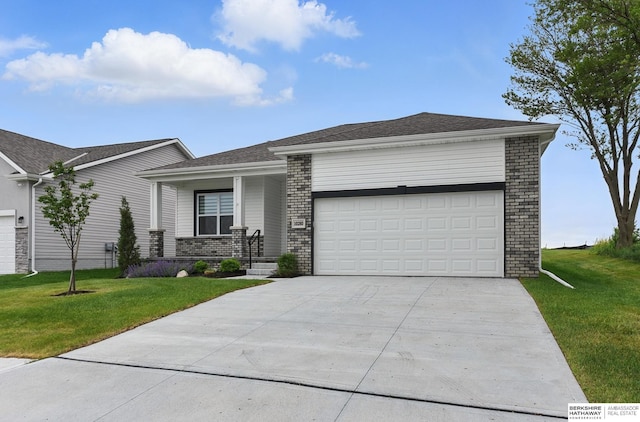 10280 S 209th St, Gretna, NE 68028 - ranch-style house featuring covered porch, driveway, a front lawn, and a garage