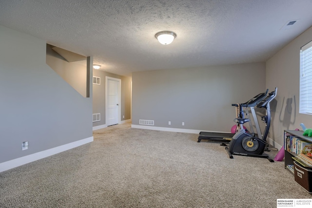 2310 Acorn Dr, Plattsmouth, NE 68048 - exercise room with carpet flooring, a textured ceiling, and baseboards