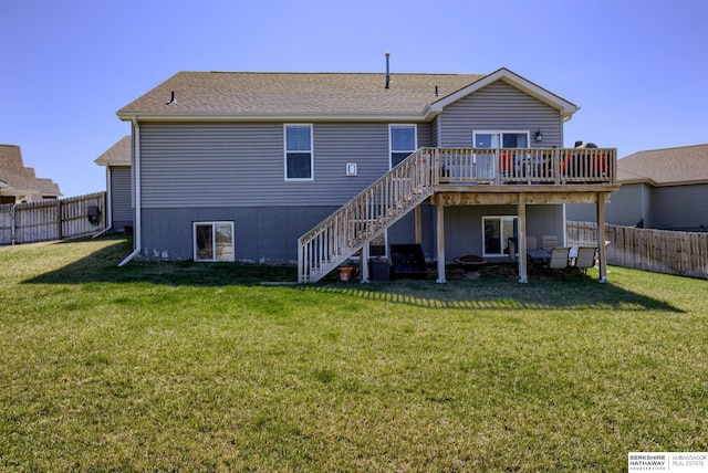 2310 Acorn Dr, Plattsmouth, NE 68048 - back of house featuring stairs, a deck, roof with shingles, and central AC