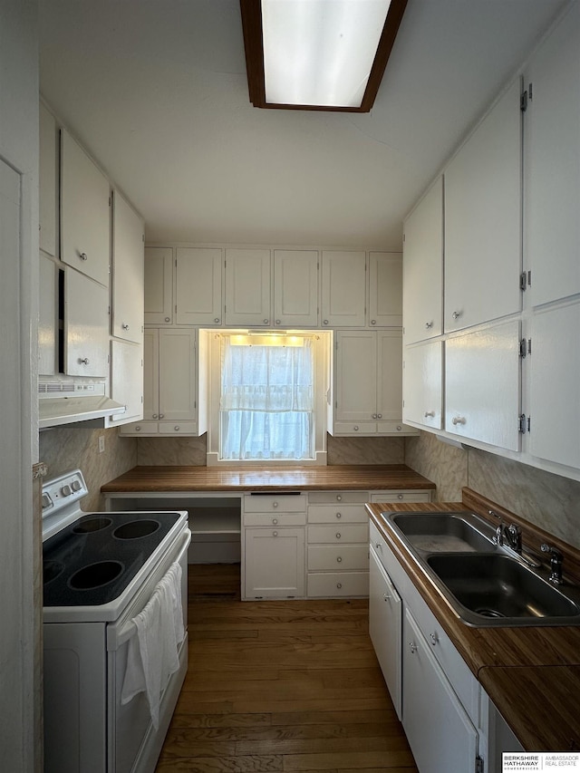 2002 Warren St, Bellevue, NE 68005 - kitchen with electric range, a sink, white cabinetry, under cabinet range hood, and dark wood-style floors