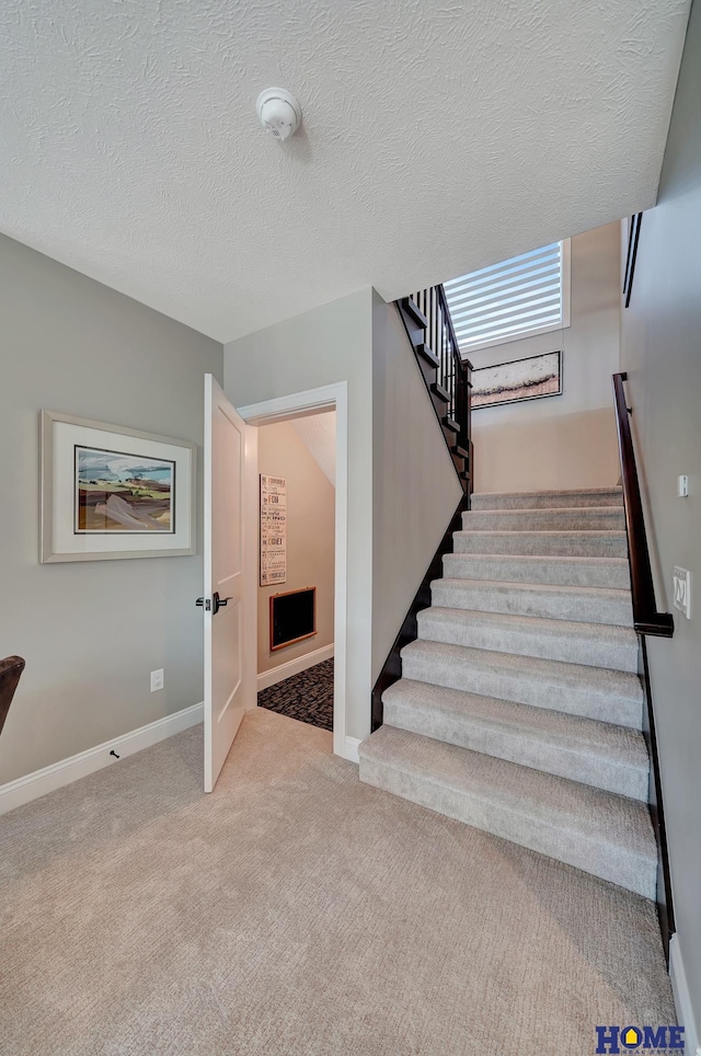 8947 Himark Ln, Lincoln, NE 68526 - staircase with carpet, a textured ceiling, and baseboards