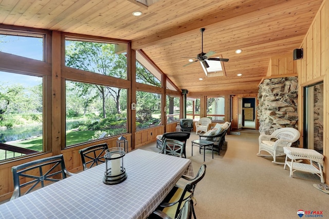 9900 Van Dorn St, Lincoln, NE 68520 - dining room featuring plenty of natural light, carpet floors, ceiling fan, wooden ceiling, and high vaulted ceiling