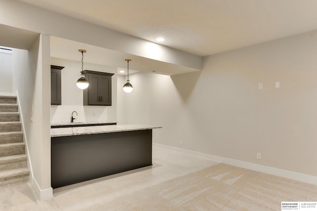 18108 Locust St, Elkhorn, NE 68022 - bar featuring stairs, recessed lighting, pendant lighting, baseboards, and light colored carpet